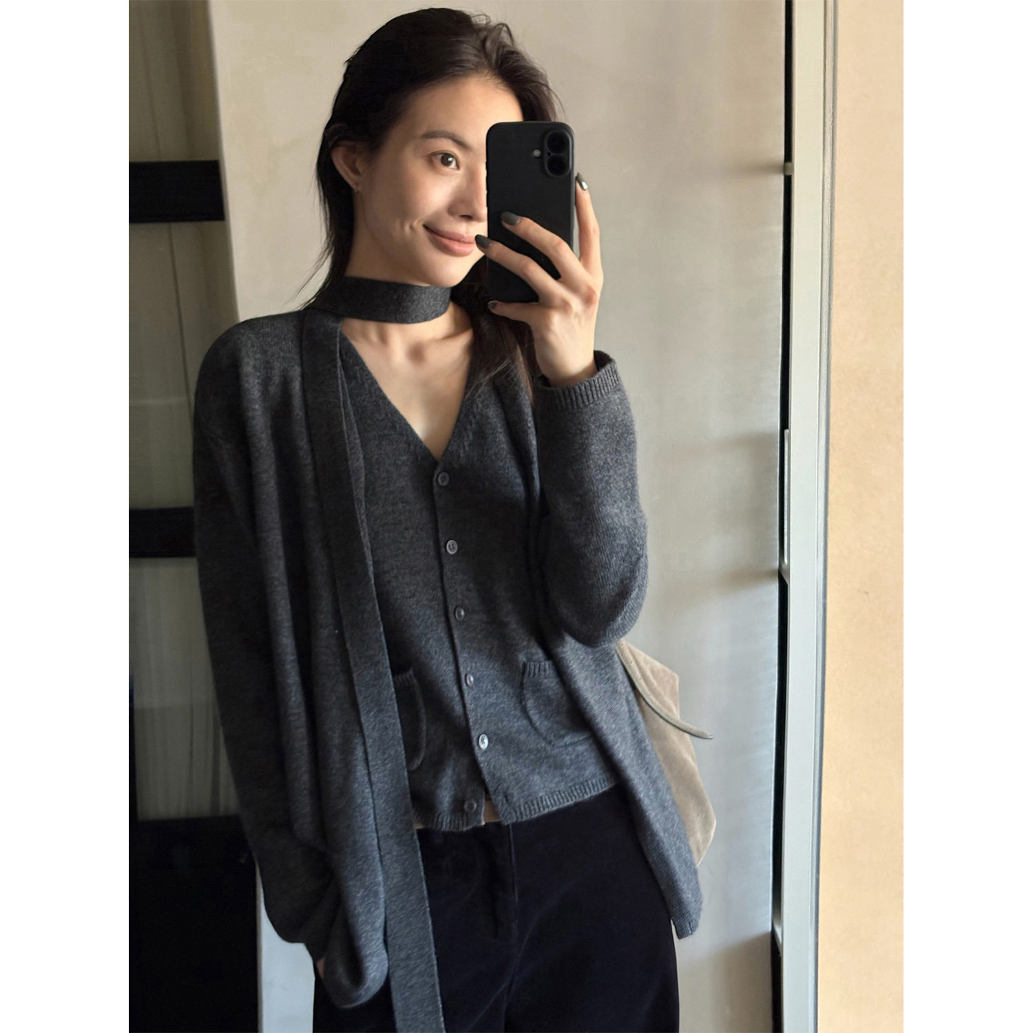 TG 慵懒风针织外套两件套女2026冬季飘带开衫V领背心马甲时髦套装