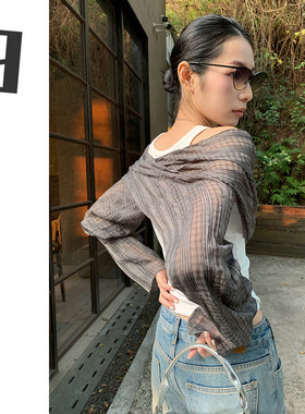 9hour 美式叠穿单品罩衫女2026春季外搭褶皱格子围巾披肩百搭通勤