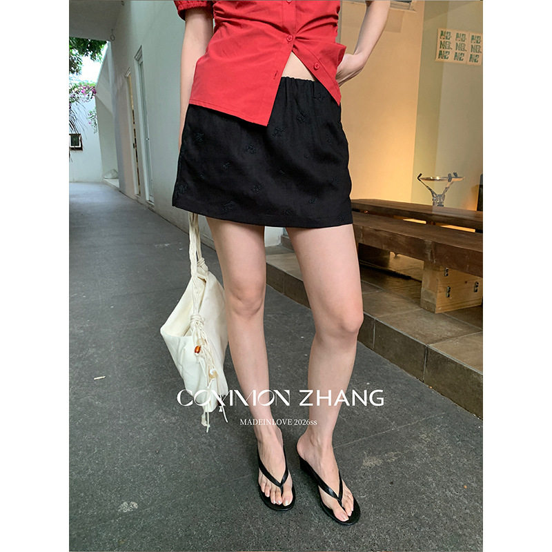 CZ ZHANG夏季小个子短款天丝绣花A字裙裤女松紧腰高级感休闲短裙
