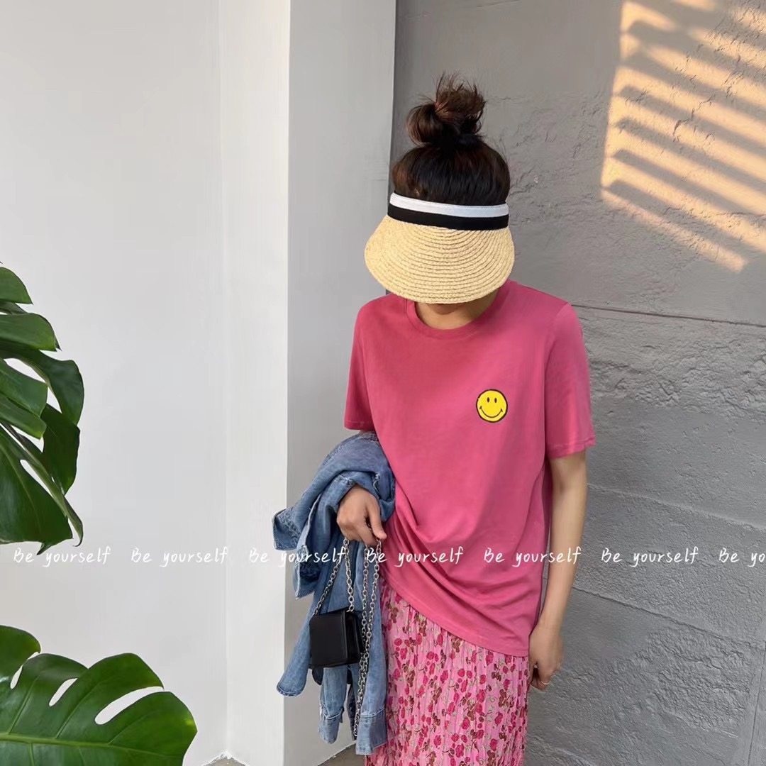 beyourself春装卡通减龄短袖洋气前后笑脸印花t恤女学生上衣显瘦