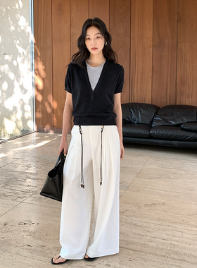 FONE 设计感小众假两件短袖T恤女春季2026新款撞色V领小众针织衫