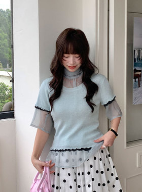 youthink 春夏2026新款韩式设计感简约花边撞色圆领短袖针织T恤女