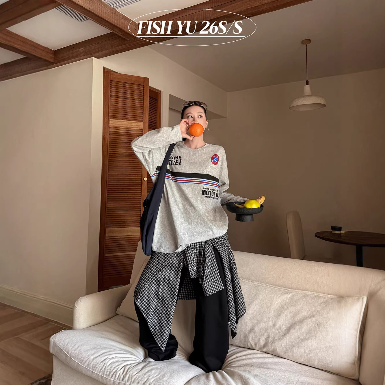 FISHYU夏季2026新款美式潮牌复古字母印花宽松圆领长袖t恤女学生