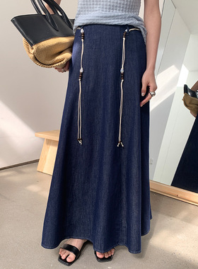 FONE深蓝色复古牛仔半身裙女春季腰绳设计感显瘦A字大摆裙中长裙