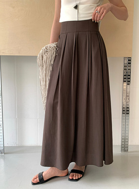 FONE 2026春季新款高腰褶皱设计感港味丝麻气质大摆半身裙女A字裙