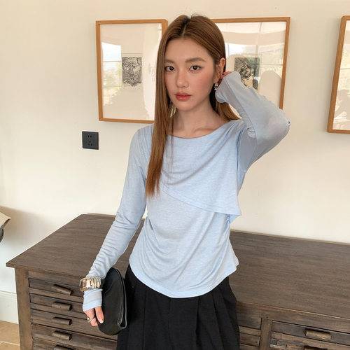FONE简禾不规则长袖圆领T恤女春季抽褶设计感弹力针织打底衫59383