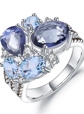 925银镶蓝水晶戒指时尚百搭轻奢