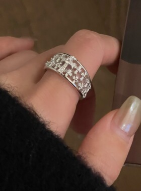 S925纯银镂空十字架镶钻克罗开口戒指女小众宽版食指戒轻奢高级