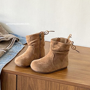 女童靴子2025新款儿童短靴秋季女孩复古绒面软底堆堆靴女宝勃肯靴