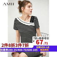 Amll Amy Ami Women Flagship Niche Dress 2019 Mùa hè tương phản sọc thêu tay ngắn Váy midi - Váy dài váy sườn xám dài