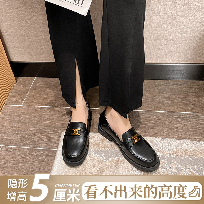 真皮金属扣厚底内增高乐福鞋女平底鞋春秋黑色英伦风一脚蹬鞋新款