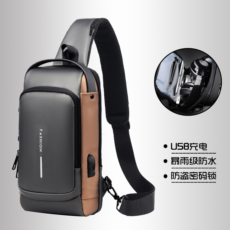 密码锁防盗男包男士胸包休闲运动小背包单肩斜挎包包机车包潮肩包