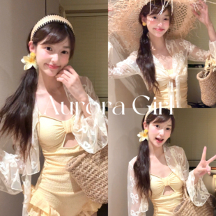 『Aurora Girl』纯欲少女蕾丝长袖罩衫泡温泉度假可爱遮肉连体泳