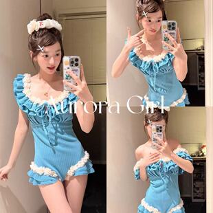 绝美孔雀蓝显白花朵连体泳衣女高级感小胸聚拢纯欲辣妹甜美泡温泉