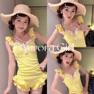 『Aurora Girl』连体三角泳衣女小胸聚拢保守遮肉少女度假泡温泉