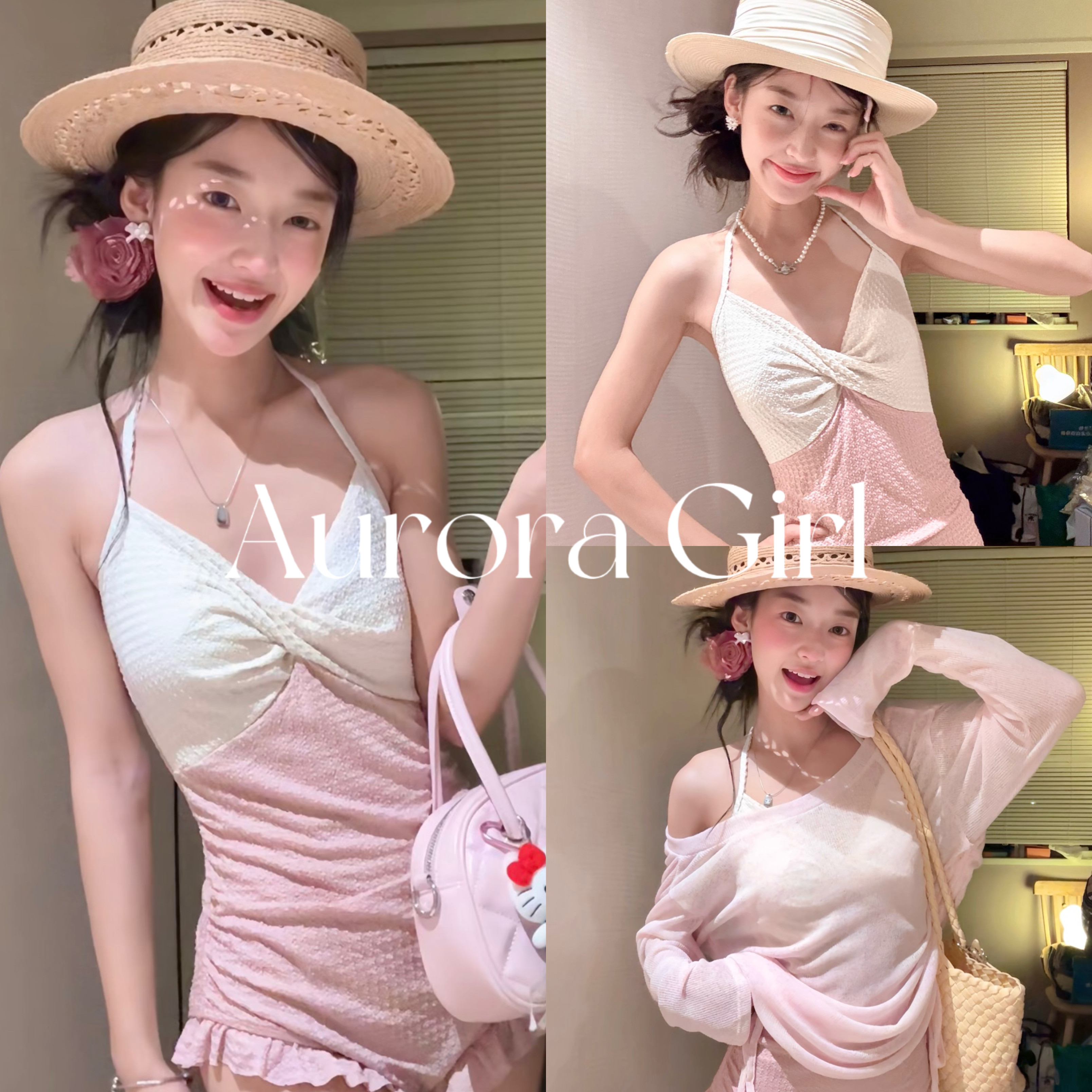 『Aurora Girl』韩版少女保守修身显瘦花边粉色遮肉学生连体泳衣