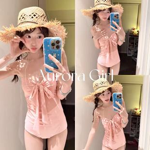 『Aurora Girl 』甜美风抹胸连体泳衣蝴蝶结显瘦粉色性感连体泳衣