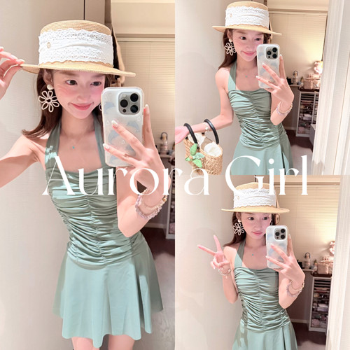 韩版甜美挂脖显瘦裙式连体泳衣