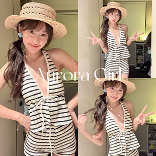 『Aurora Girl』条纹显瘦度假泡温泉泳衣女度假保守遮肉