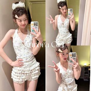 『Aurora Girl』碎花比基尼度假保守泳衣女法式复古露背裙甜美