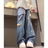 女童美式 宽松显瘦直筒拖地裤 复古星星刺绣阔腿牛仔裤 秋冬新款