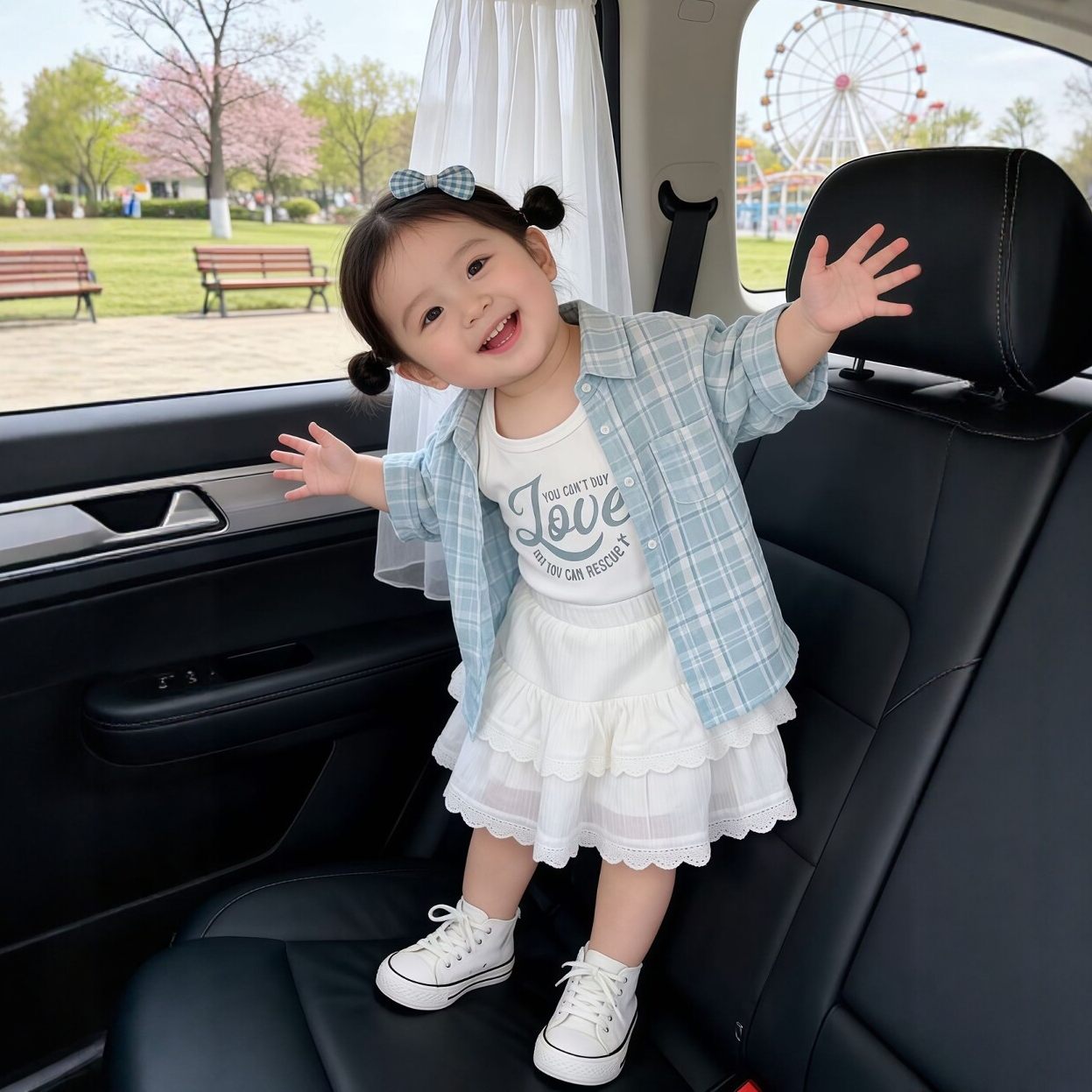 女童套装2026春秋新款儿童洋气长袖格子衬衫白色吊带蛋糕裙三件套