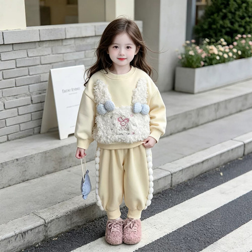 女童套装2026秋冬新款儿童毛毛兔加绒加厚卫衣卫裤可爱保暖两件套