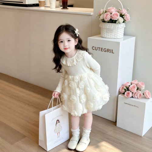 女童花朵连衣裙2026秋季新款儿童荷叶领公主裙宝宝好看生日礼服裙