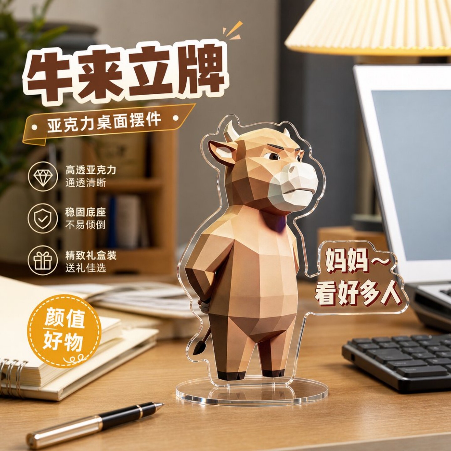 牛来立牌亚克力桌面摆件