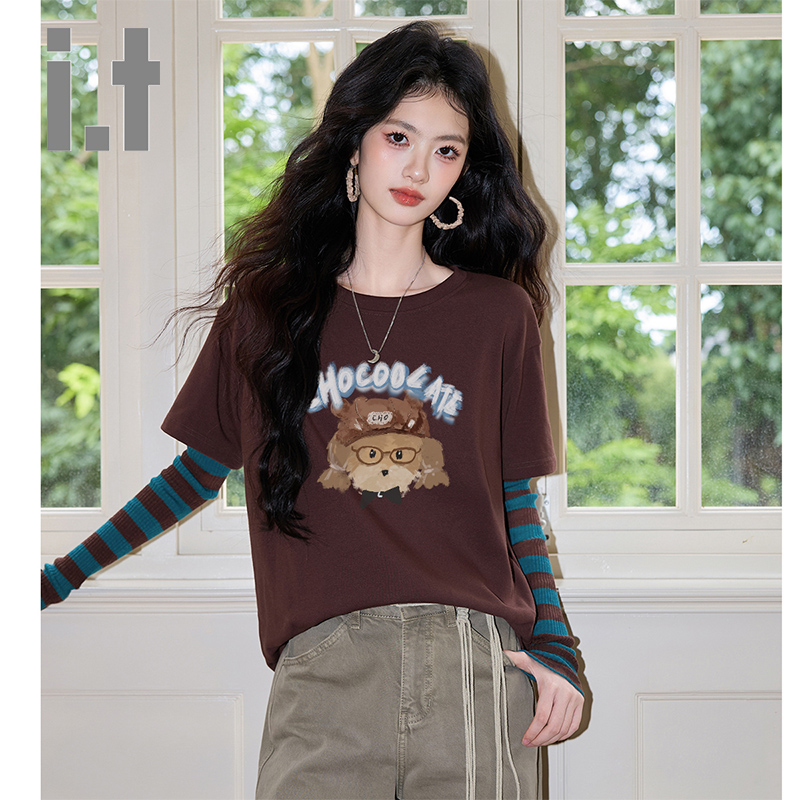 撞色插肩袖拼接T恤女百搭