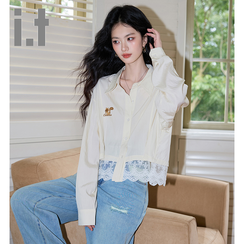 it:CHOCOOLATE春秋款韩版休闲潮流时尚衬衫女蕾丝拼接长袖上衣服