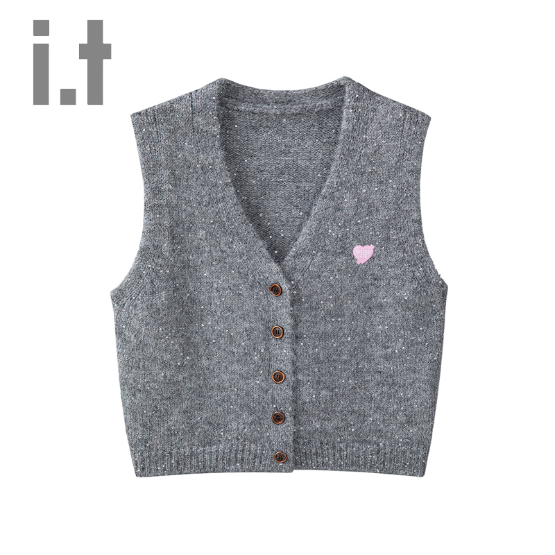 it:CHOCOOLATE女春秋新款简约纯色针织马甲百搭V领外搭开衫上衣服