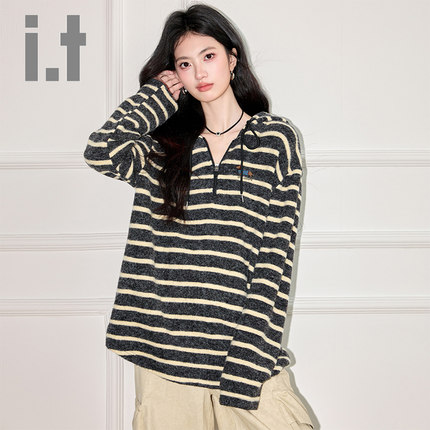 it:CHOCOOLATE女春秋百搭宽松半拉链休闲卫衣季条纹时尚套头上衣