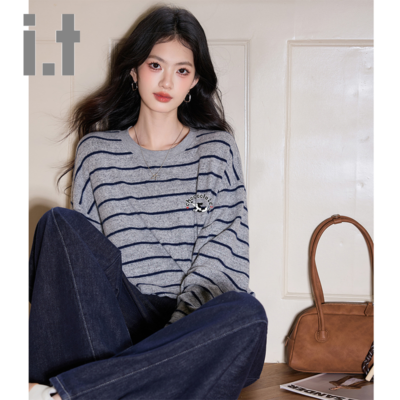 it:CHOCOOLATE时尚条纹百搭长袖圆领T恤女春秋款宽松显瘦撞色上衣