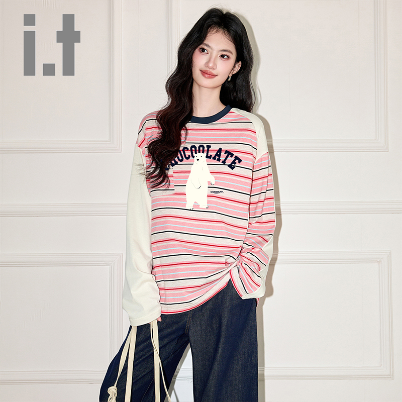 it:CHOCOOLATE圆领长袖T恤条纹撞色宽松女秋冬新款休闲时尚上衣服