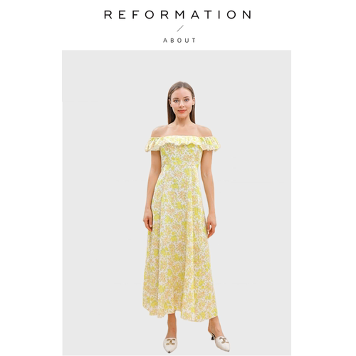 【现货】About Reformation一字领亚麻连衣裙夏季新款法式复古风