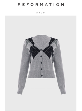 【现货】About Reformation菱格拼色学院针织开衫显瘦露脐上衣女