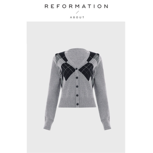Reformation菱格拼色学院针织开衫 About 显瘦露脐上衣女 现货