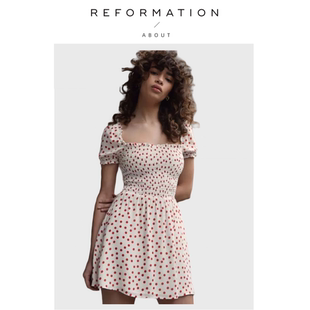 【现货】About Reformation法式方领收腰a字波点碎花连衣裙小个子