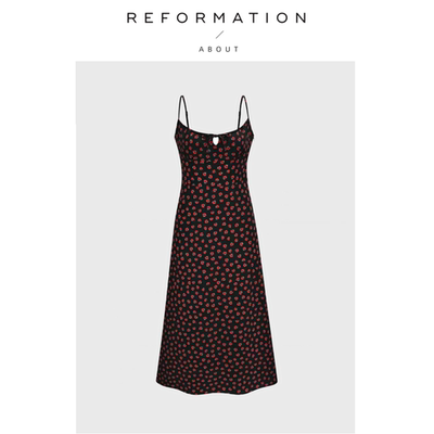 【现货】About Reformation连衣裙法式复古黑底小红花露背吊带女