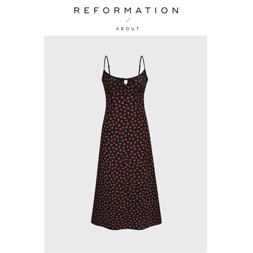 【现货】About Reformation连衣裙法式复古黑底小红花露背吊带女