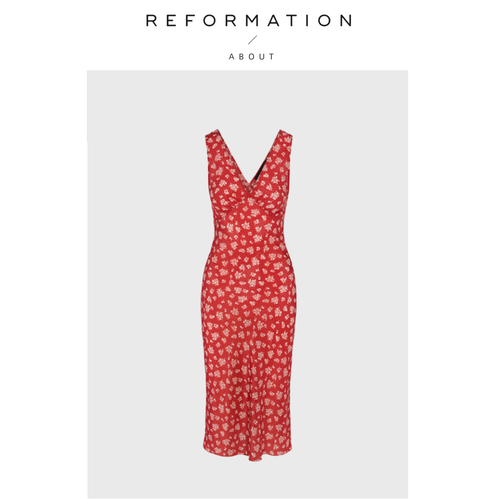 【现货】About Reformation真丝低胸深V领连衣裙无袖修身斜裁鱼尾