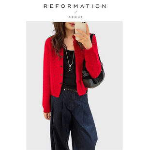 现货 菱格纹编织针织衫 About 春季 外套 Reformation新年红开衫