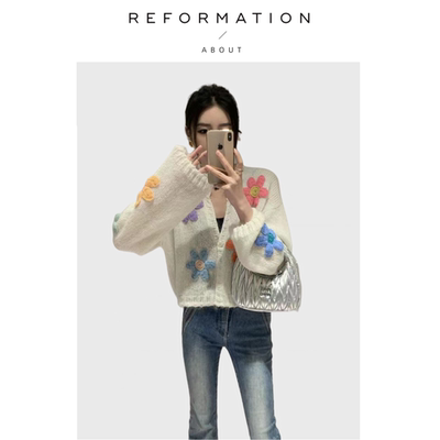 【现货】About Reformation法式后花园立体花朵V领针织开衫毛衣女