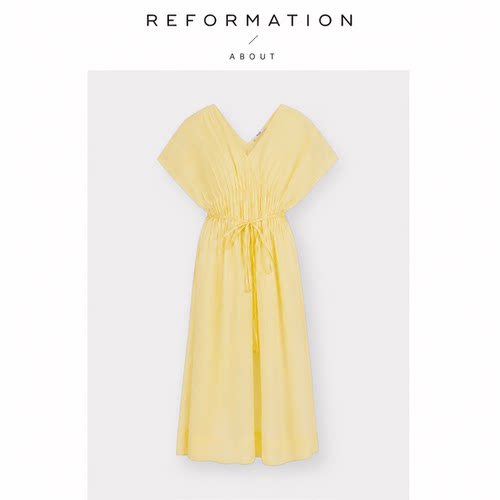【现货】About Reformation联名系列手工收腰褶简约苎麻连衣裙女