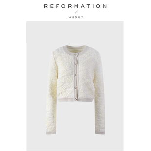 【现货】About Reformation珍珠扣圆领针织小开衫女简约撞色外套