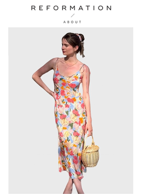 【现货】About Reformation法式真丝印花绑带长裙斜裁连衣裙修身