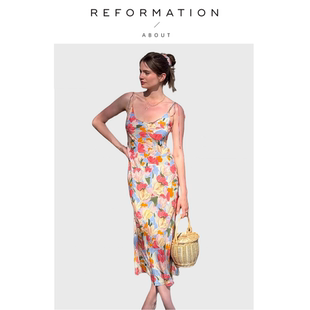 About Reformation法式 真丝印花绑带长裙斜裁连衣裙修身 现货
