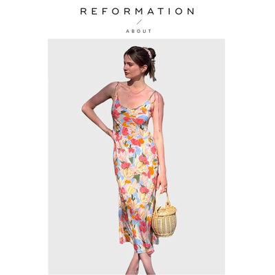 【现货】About Reformation法式真丝印花绑带长裙斜裁连衣裙修身