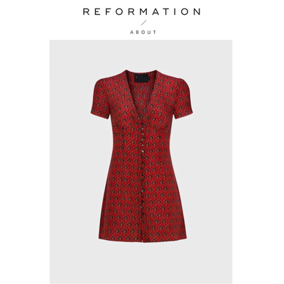 【现货】About Reformation夏新款纯欲V领红色爱心印花真丝连衣裙